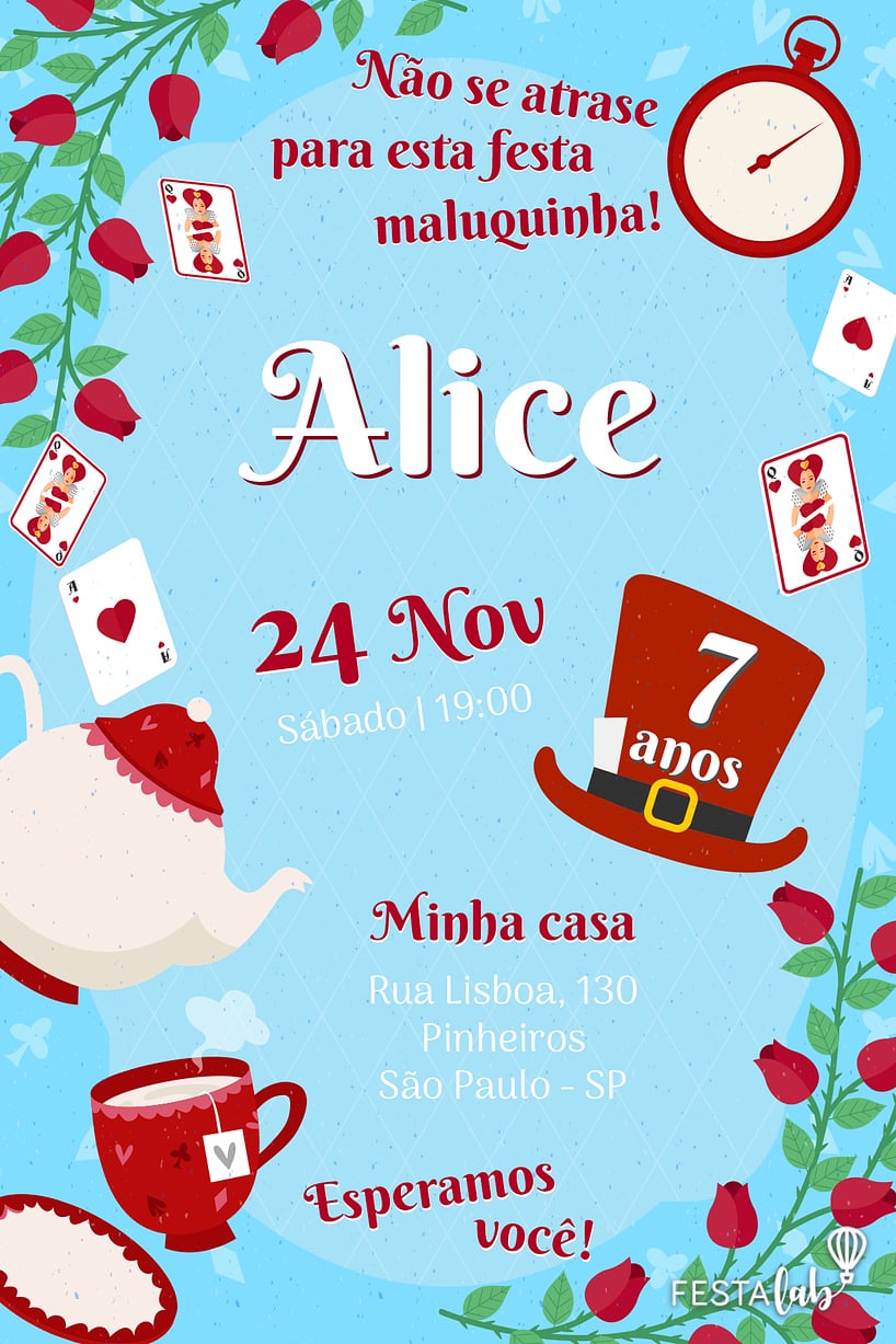 Modelo de Convite de Aniversario - Alice no Pais das Maravilhas Criar convite de aniversário - Alice no País das Maravilhas| FestaLab