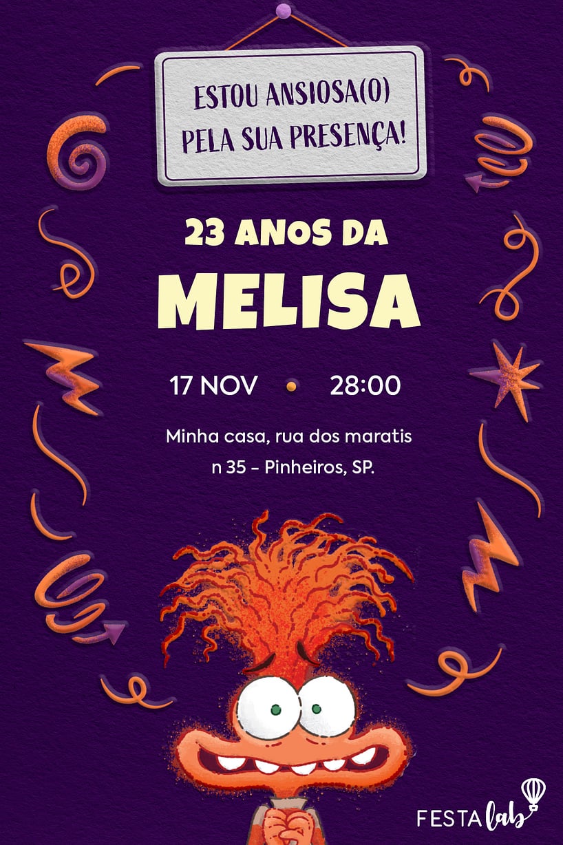 Modelo de Convite de Aniversario - Ansiedade Criar convite de aniversário - Ansiedade| FestaLab