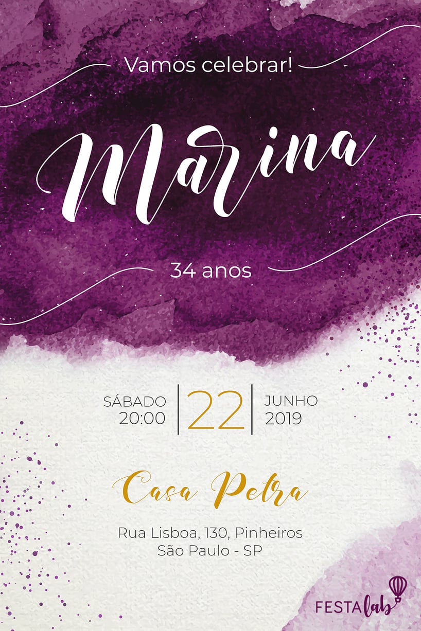 Modelo de Convite de Aniversario - Aquarela Criar convite de aniversário - Aquarela| FestaLab