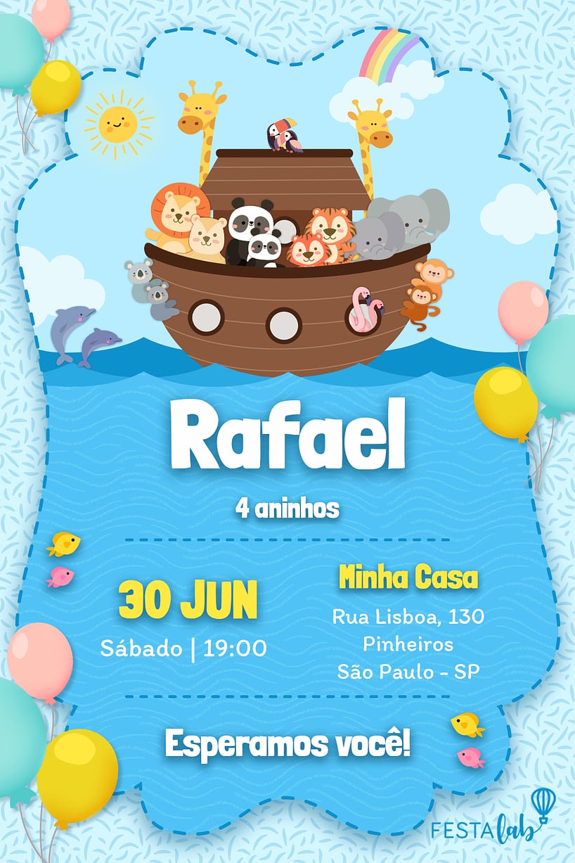 Modelo de Convite de Aniversario - Arca de Noe Azul Criar convite de aniversário - Arca de Noé Azul| FestaLab