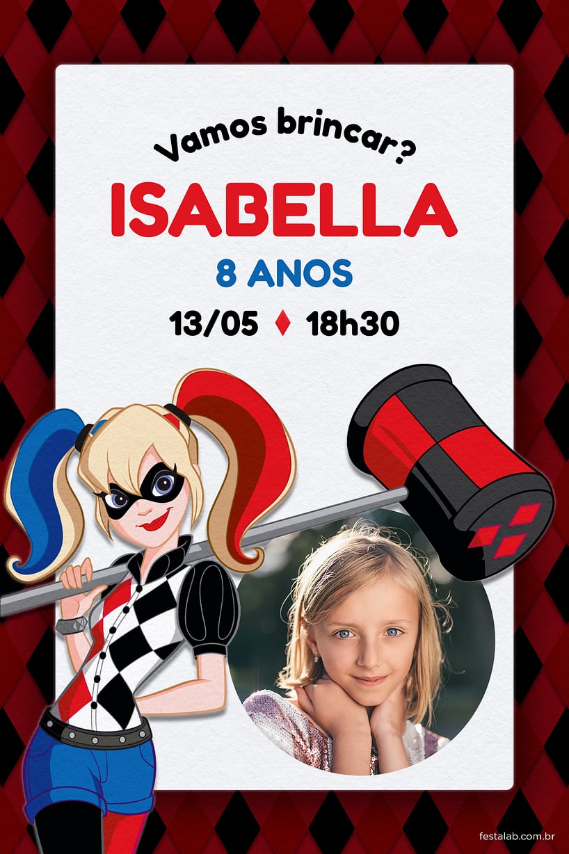 Modelo de Convite de Aniversario - Arlequina Criar convite de aniversário - Arlequina| FestaLab