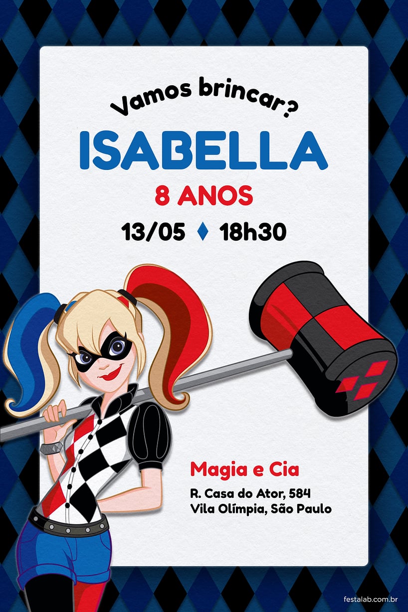 Modelo de Convite de Aniversario - Arlequina Azul Criar convite de aniversário - Arlequina Azul| FestaLab