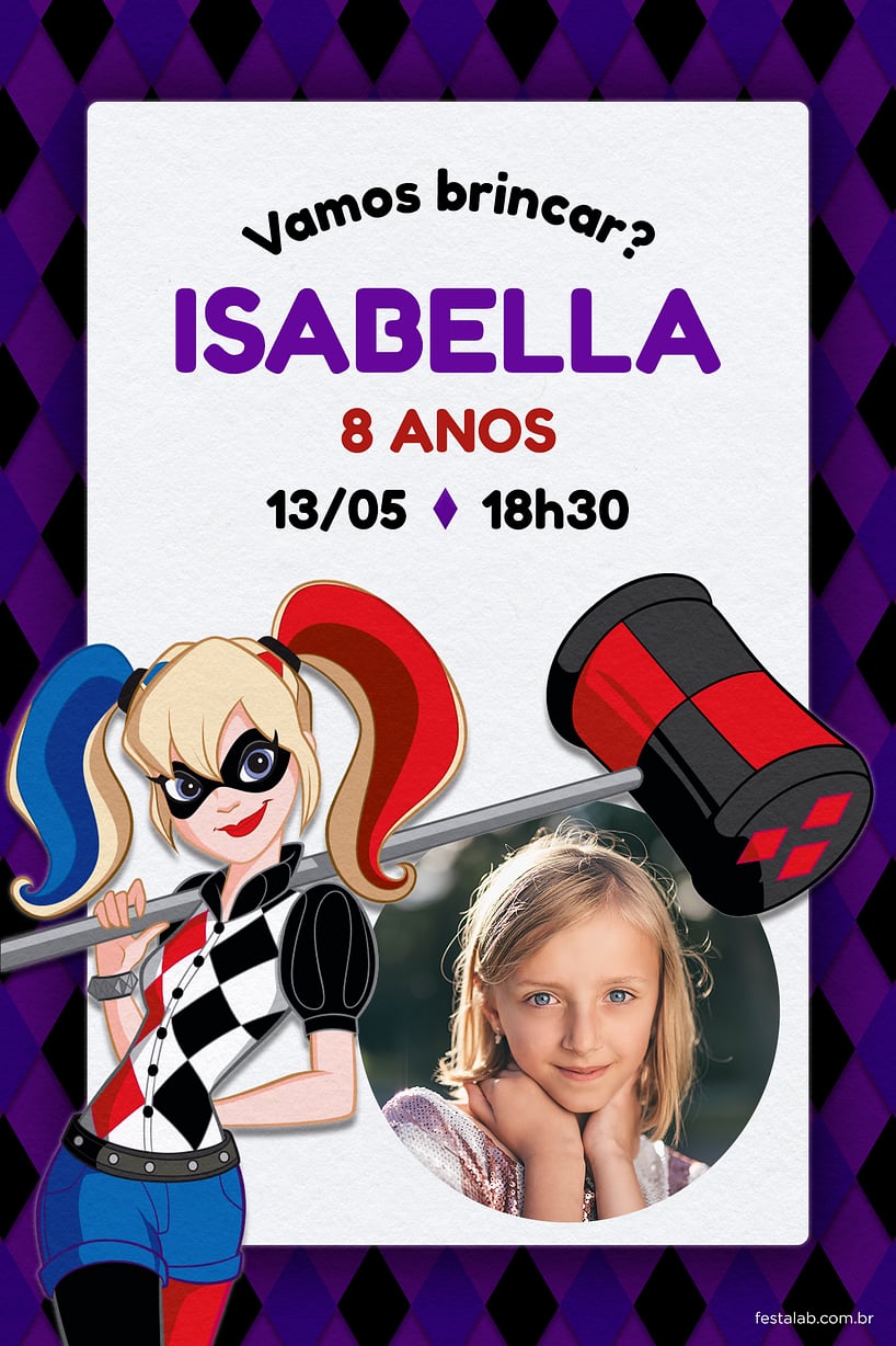 Modelo de Convite de Aniversario - Arlequina Roxa Criar convite de aniversário - Arlequina Roxa| FestaLab