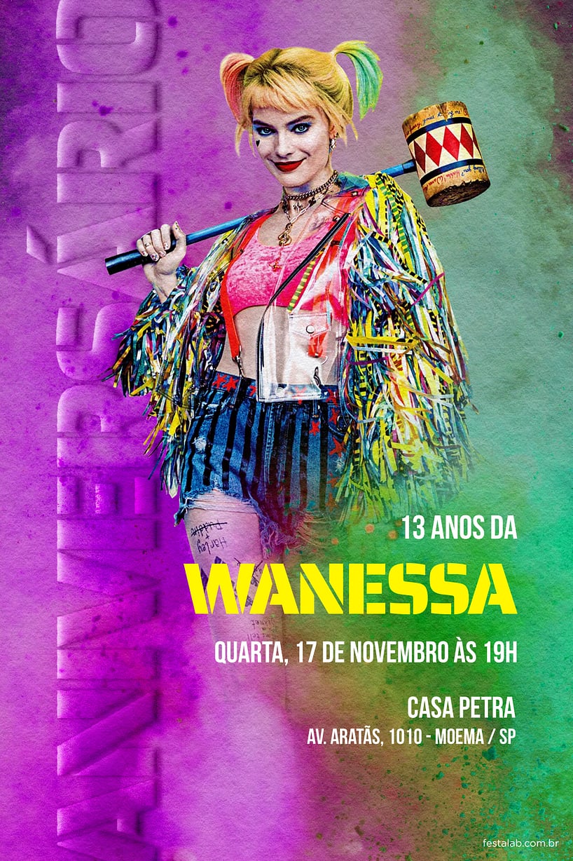 Modelo de Convite de Aniversario - Arlequina roxo e verde Criar convite de aniversário - Arlequina roxo e verde| FestaLab