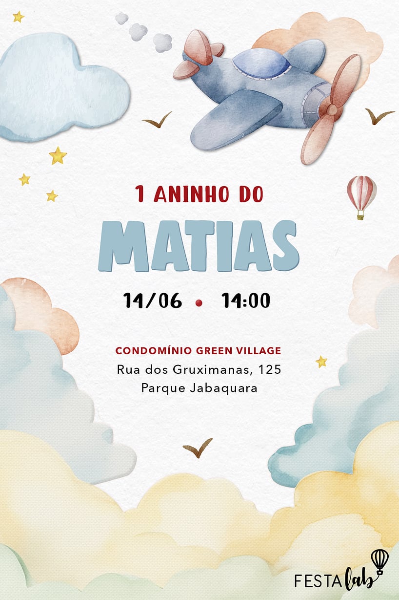 Modelo de Convite de Aniversario - Aviaozinho aquarela delicado Criar convite de aniversário - Aviãozinho aquarela delicado| FestaLab
