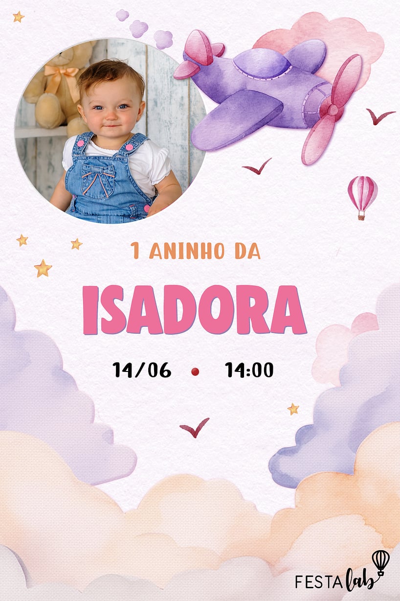 Modelo de Convite de Aniversario - Aviaozinho rosa aquarelado Criar convite de aniversário - Aviãozinho rosa aquarelado| FestaLab