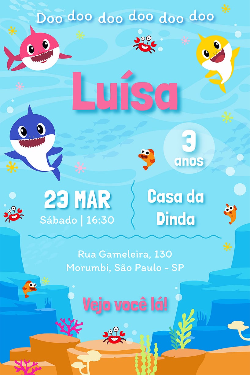 Modelo de Convite de Aniversario - Baby Shark Criar convite de aniversário - Baby Shark| FestaLab