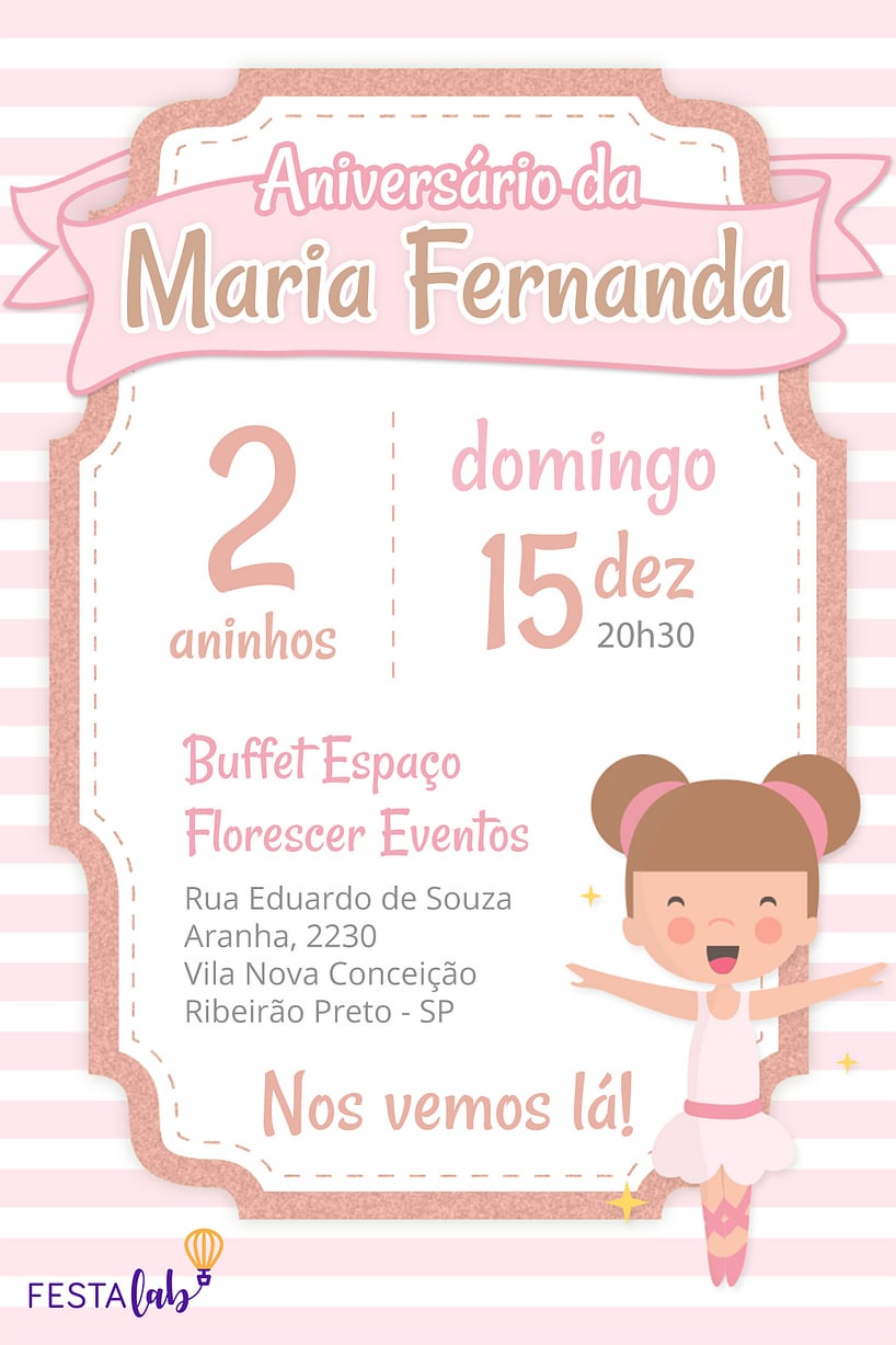 Modelo de Convite de Aniversario - Bailarina Criar convite de aniversário - Bailarina| FestaLab