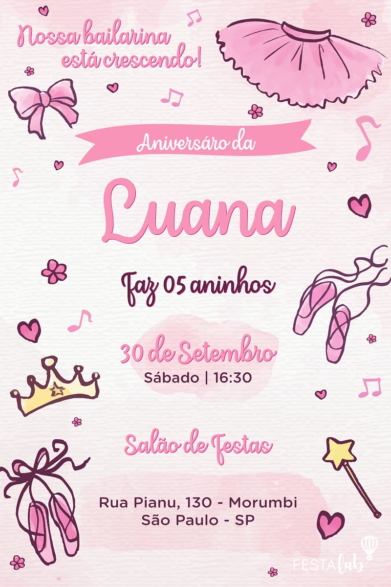 Modelo de Convite de Aniversario - Bailarina Criar convite de aniversário - Bailarina| FestaLab