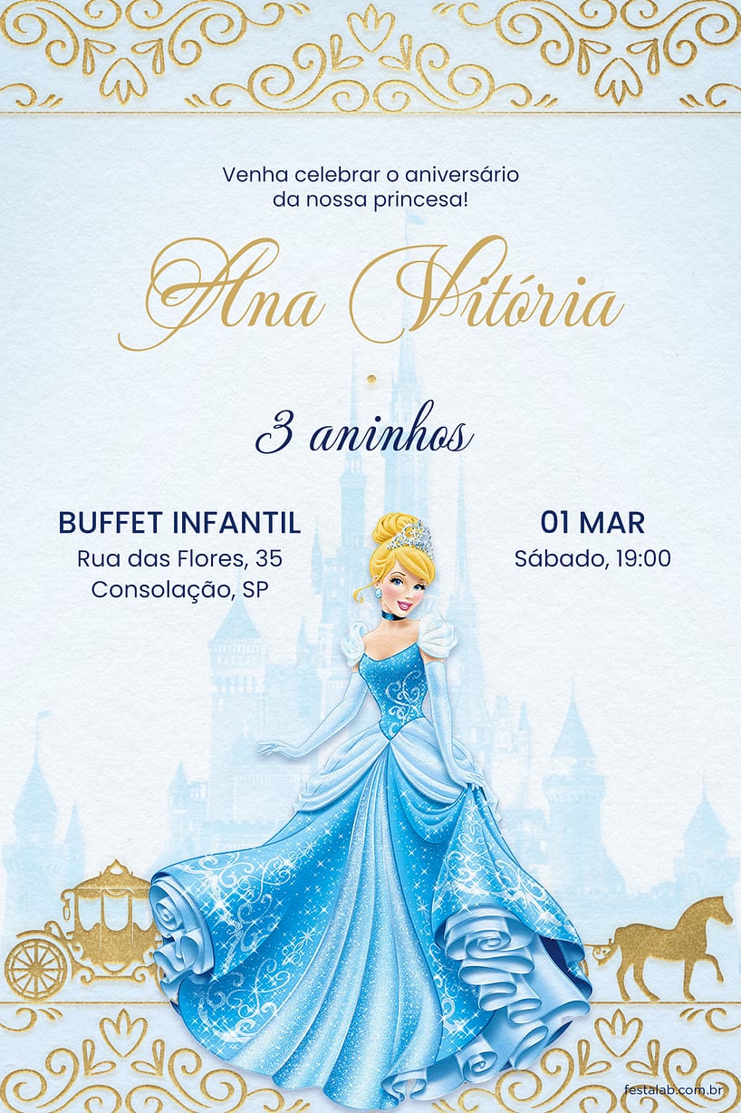 Modelo de Convite de Aniversario - Baile da Cinderela Criar convite de aniversário - Baile da Cinderela| FestaLab