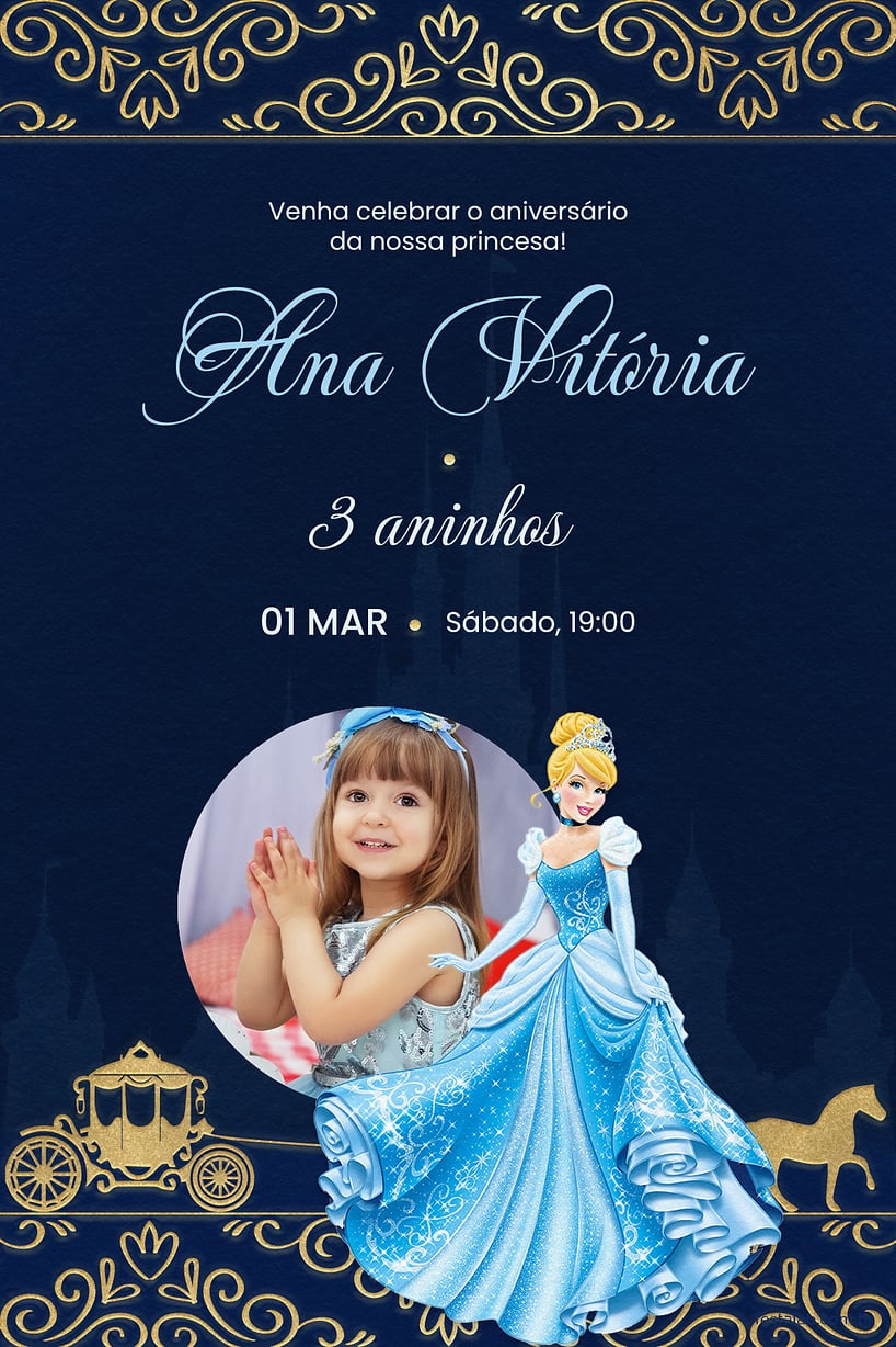 Modelo de Convite de Aniversario - Baile da Cinderela Escuro Criar convite de aniversário - Baile da Cinderela Escuro| FestaLab