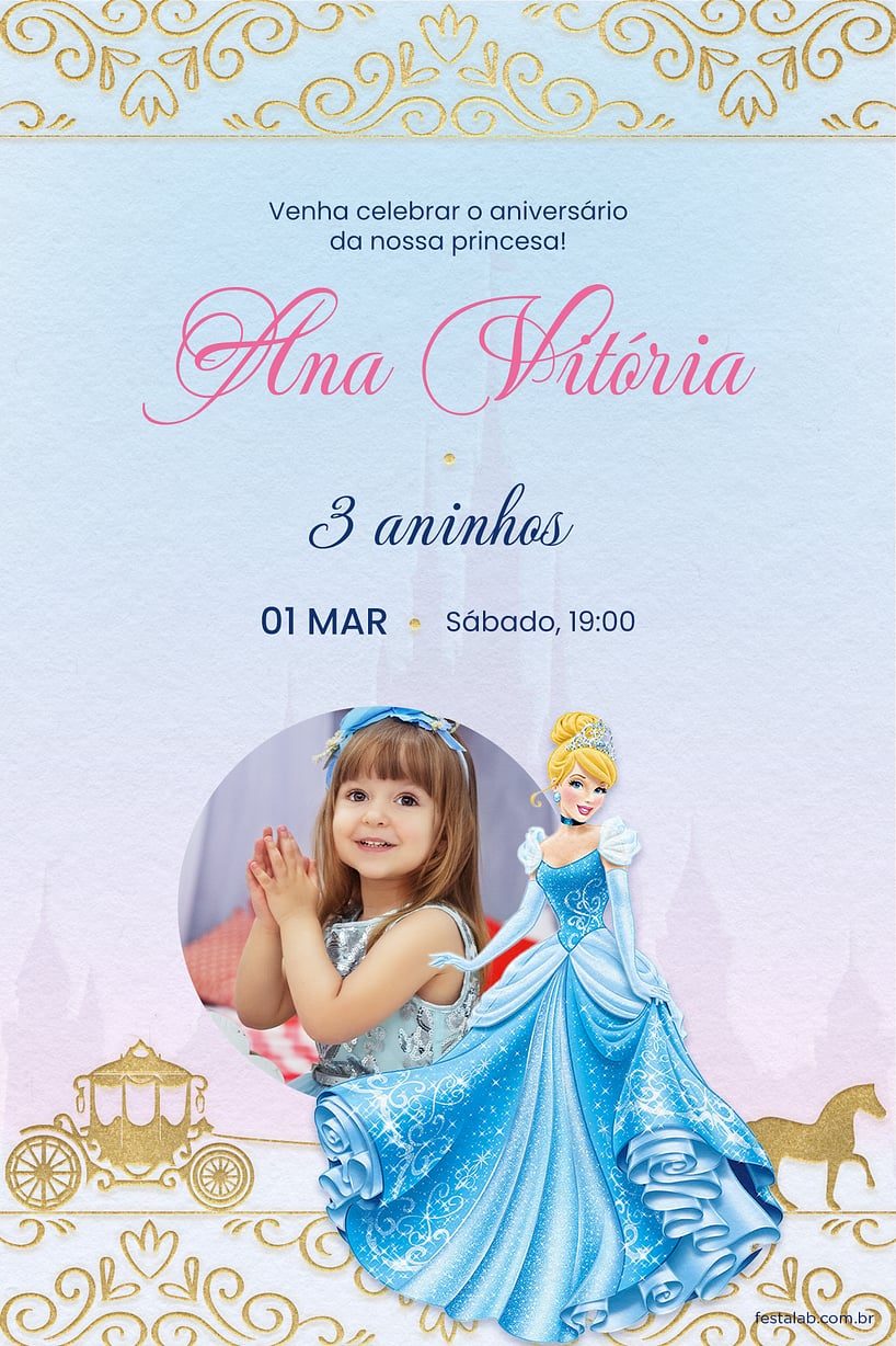 Modelo de Convite de Aniversario - Baile da Cinderela Rosa Criar convite de aniversário - Baile da Cinderela Rosa| FestaLab