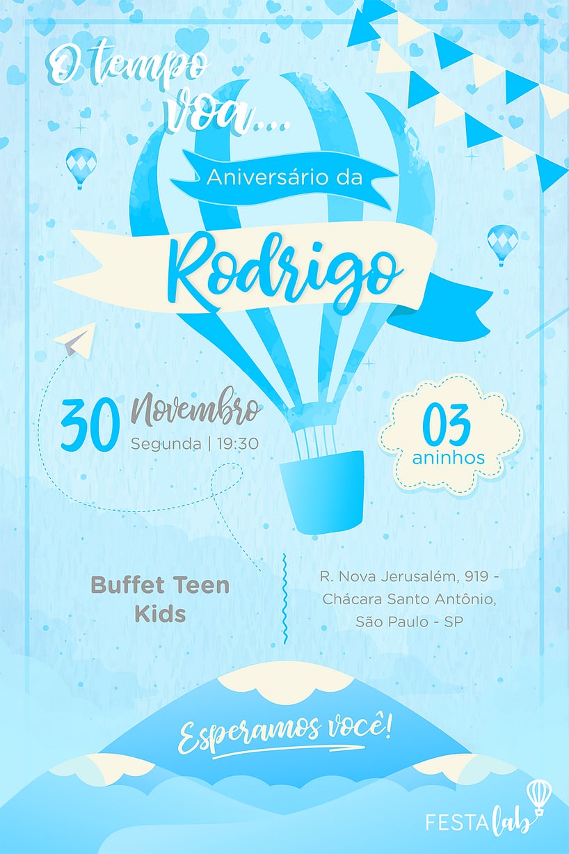 Modelo de Convite de Aniversario - Balao Azul Criar convite de aniversário - Balão Azul| FestaLab