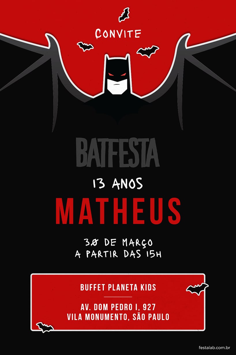 Modelo de Convite de Aniversario - Batfesta Vermelho Criar convite de aniversário - Batfesta Vermelho| FestaLab