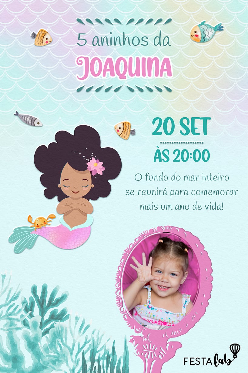 Modelo de Convite de Aniversario - Bebe Sereia Aquarela Azul Criar convite de aniversário - Bebê Sereia Aquarela Azul| FestaLab