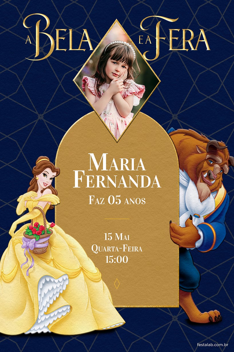 Modelo de Convite de Aniversario - Bela e a Fera azul Criar convite de aniversário - Bela e a Fera azul| FestaLab