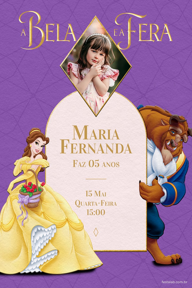 Modelo de Convite de Aniversario - Bela e a Fera lilas Criar convite de aniversário - Bela e a Fera lilas| FestaLab