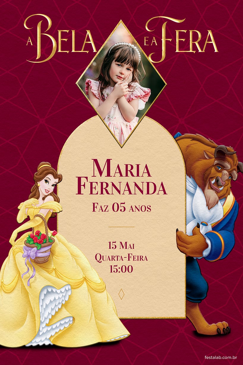 Modelo de Convite de Aniversario - Bela e a Fera Vermelha Criar convite de aniversário - Bela e a Fera Vermelha| FestaLab