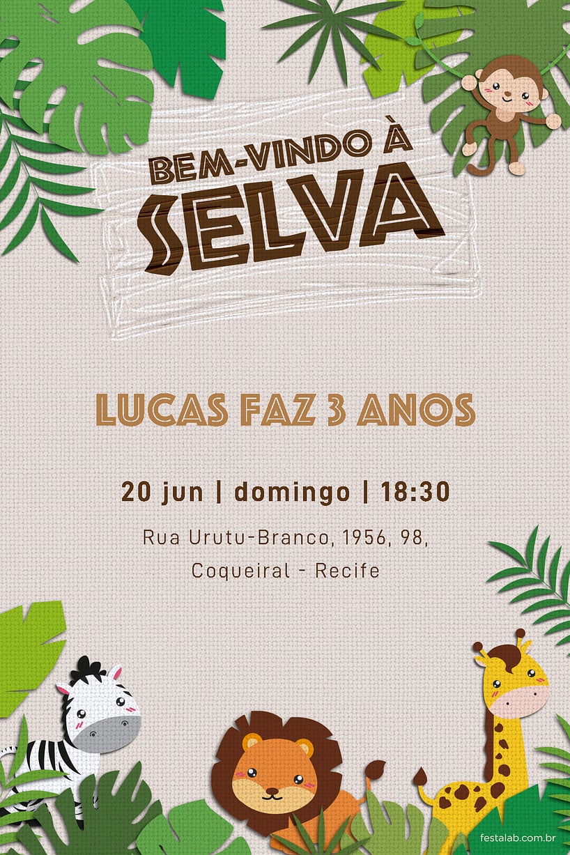 Modelo de Convite de Aniversario - Bem Vindo a Selva Criar convite de aniversário - Bem Vindo a Selva| FestaLab