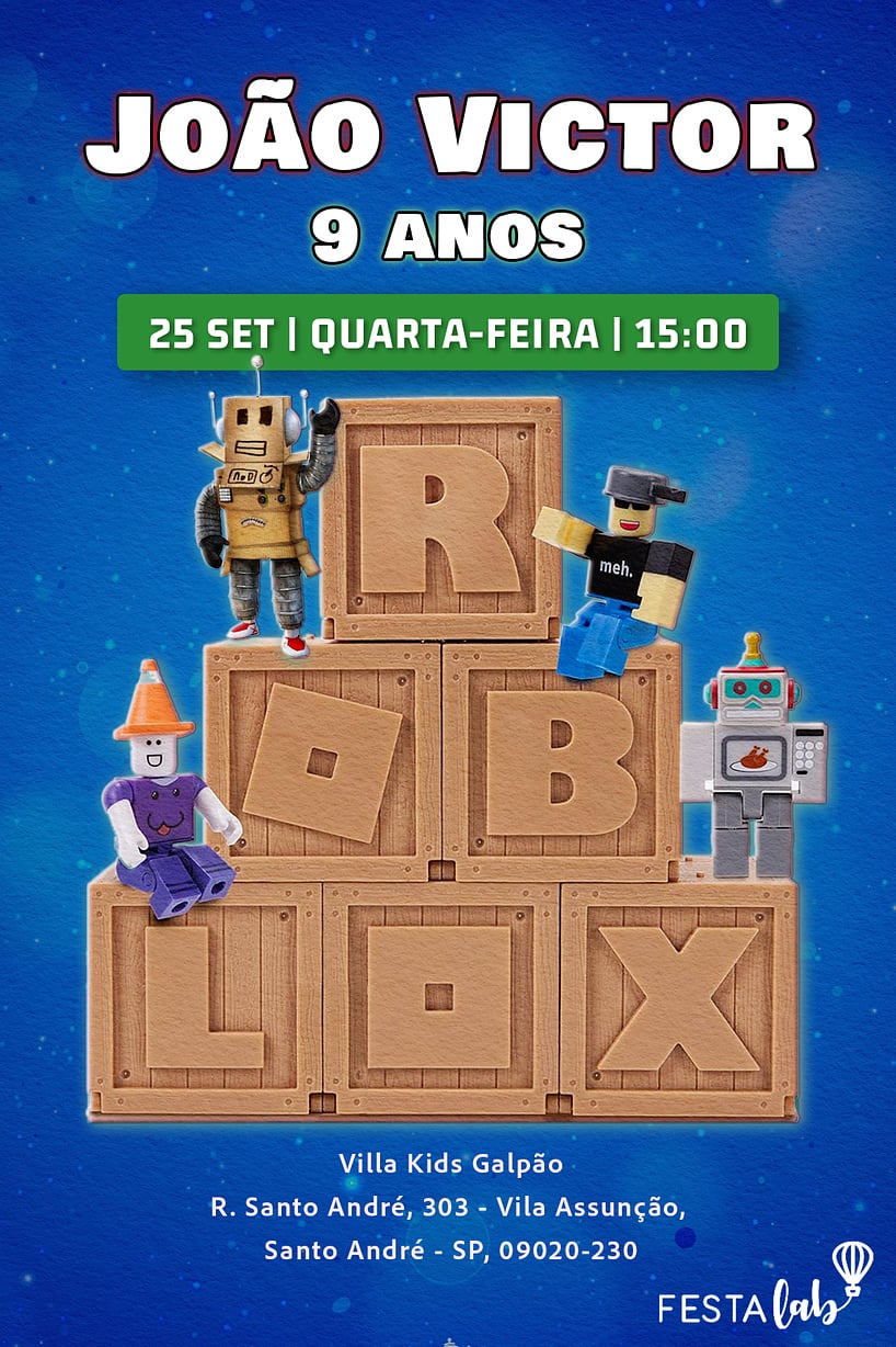 Modelo de Convite de Aniversario - Bloco do Roblox Azul Criar convite de aniversário - Bloco do Roblox Azul| FestaLab