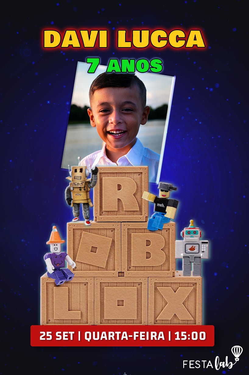 Modelo de Convite de Aniversario - Bloco do Roblox Preto Criar convite de aniversário - Bloco do Roblox Preto| FestaLab