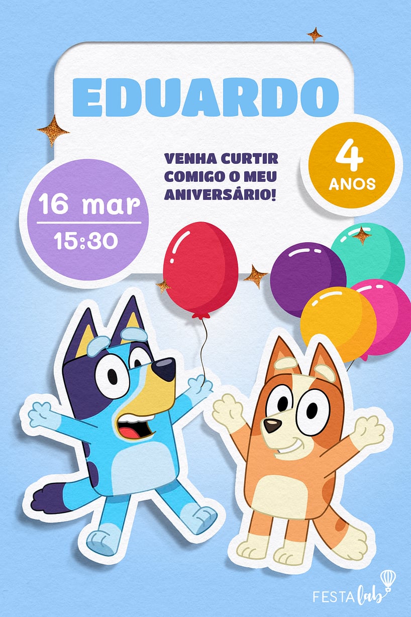Modelo de Convite de Aniversario - Bluey Criar convite de aniversário - Bluey| FestaLab