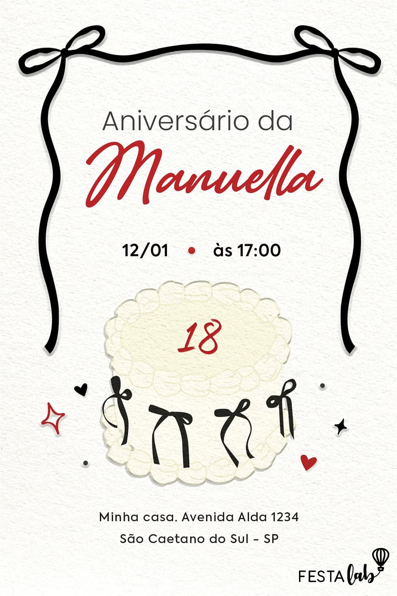 Modelo de Convite de Aniversario - Bolo de laco Criar convite de aniversário - Bolo de laço| FestaLab