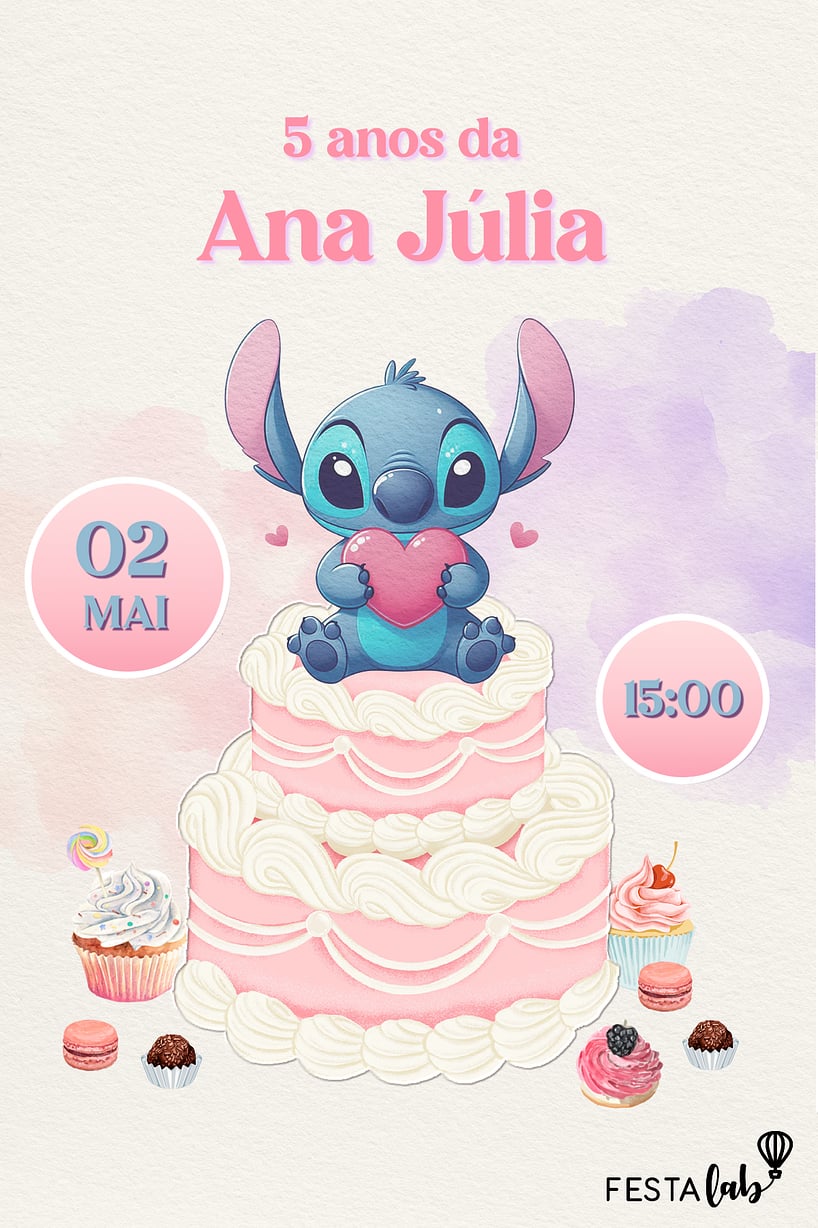 Modelo de Convite de Aniversario - Bolo do Stitch Criar convite de aniversário - Bolo do Stitch| FestaLab
