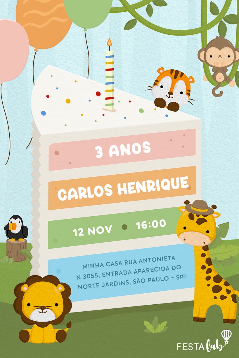 Modelo de Convite de Aniversario - Bolo no safari Criar convite de aniversário - Bolo no safari| FestaLab