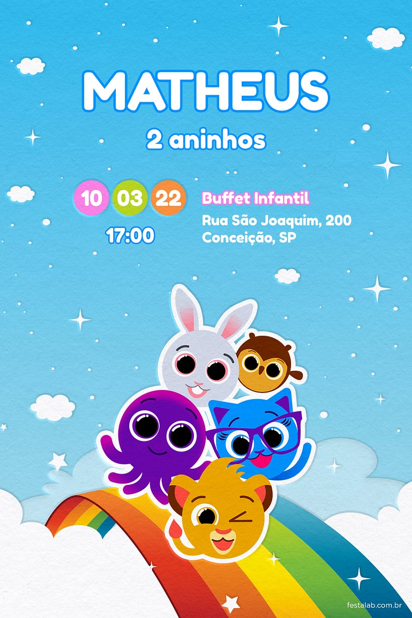 Modelo de Convite de Aniversario - Bolofofos Arco iris Criar convite de aniversário - Bolofofos Arco iris| FestaLab