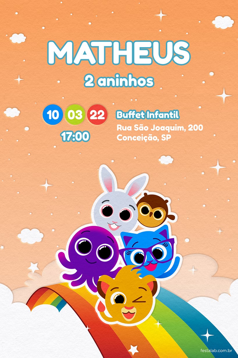 Modelo de Convite de Aniversario - Bolofofos Arco-iris Laranja Criar convite de aniversário - Bolofofos Arco-iris Laranja| FestaLab