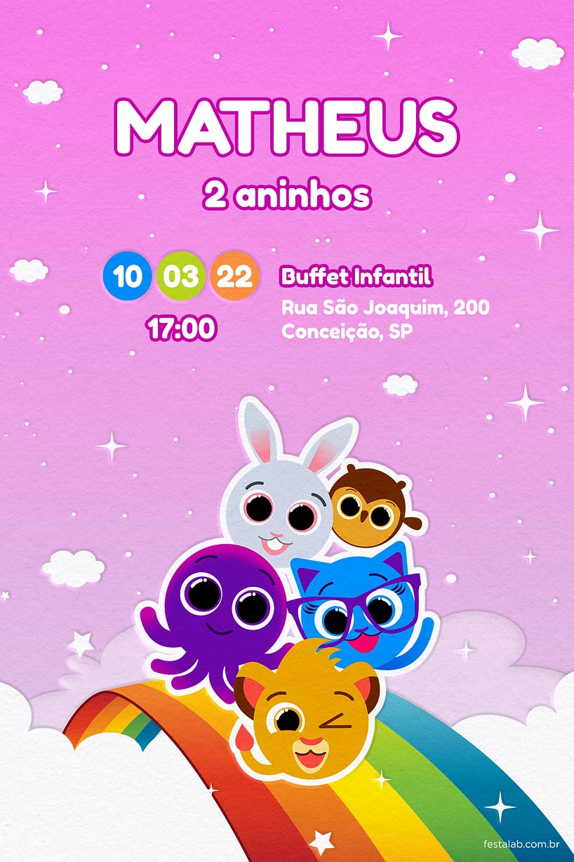 Modelo de Convite de Aniversario - Bolofofos Arco-iris Rosa Criar convite de aniversário - Bolofofos Arco-iris Rosa| FestaLab