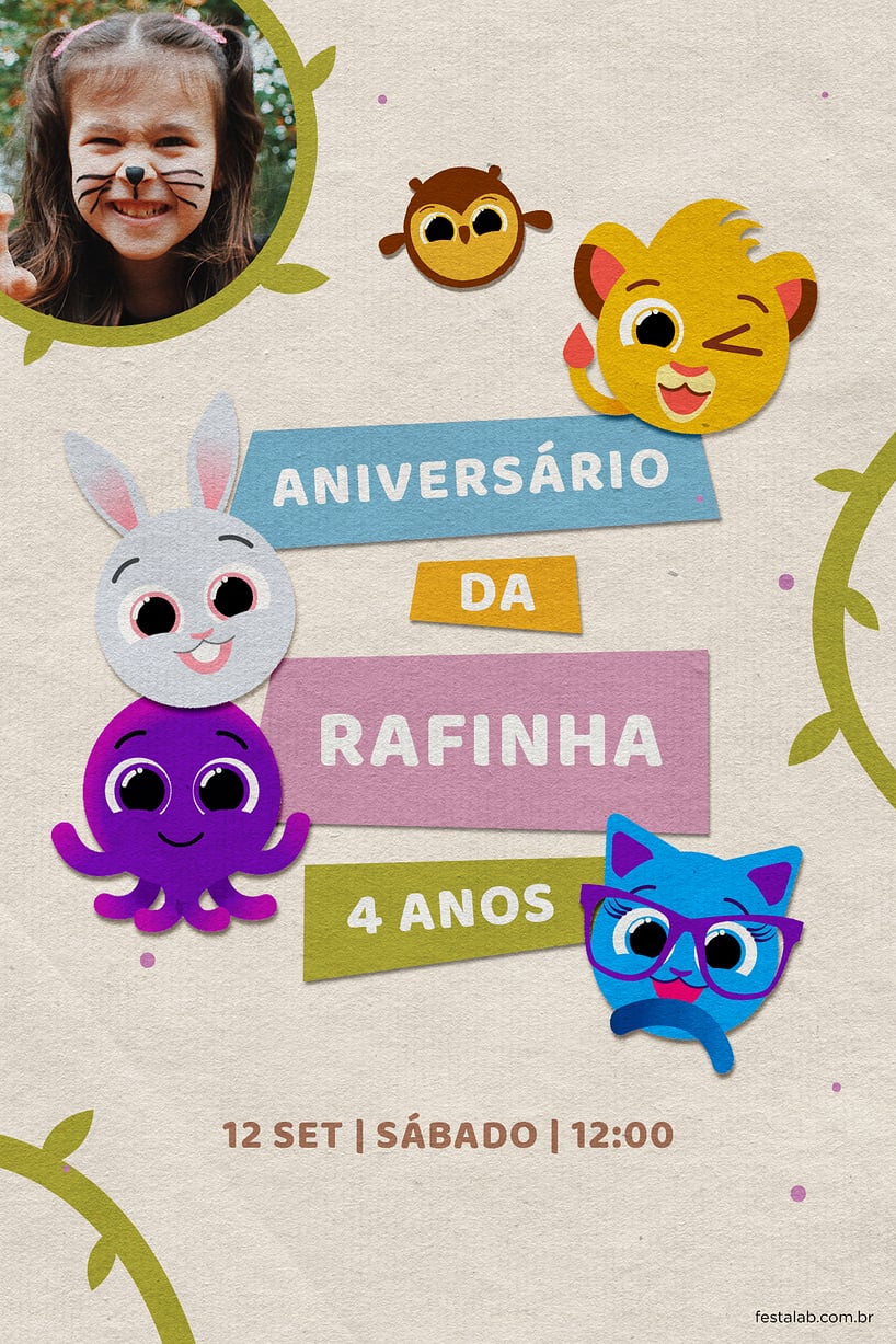 Modelo de Convite de Aniversario - Bolofofos Selva Criar convite de aniversário - Bolofofos Selva| FestaLab