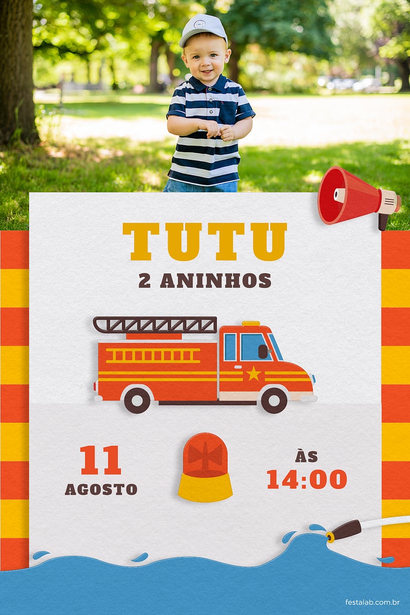 Modelo de Convite de Aniversario - Bombeiro Laranja Criar convite de aniversário - Bombeiro Laranja| FestaLab