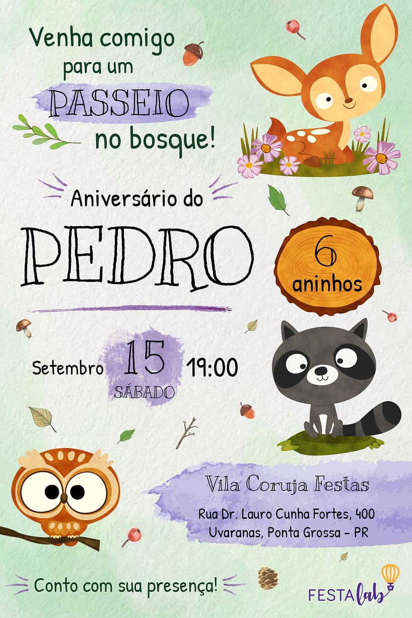 Modelo de Convite de Aniversario - Bosque Criar convite de aniversário - Bosque| FestaLab