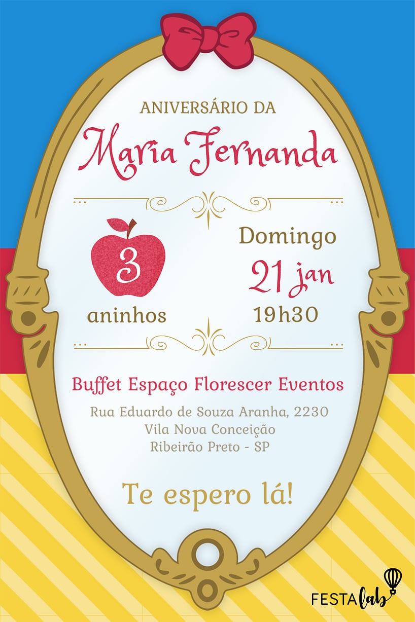 Modelo de Convite de Aniversario - Branca de Neve Criar convite de aniversário - Branca de Neve| FestaLab