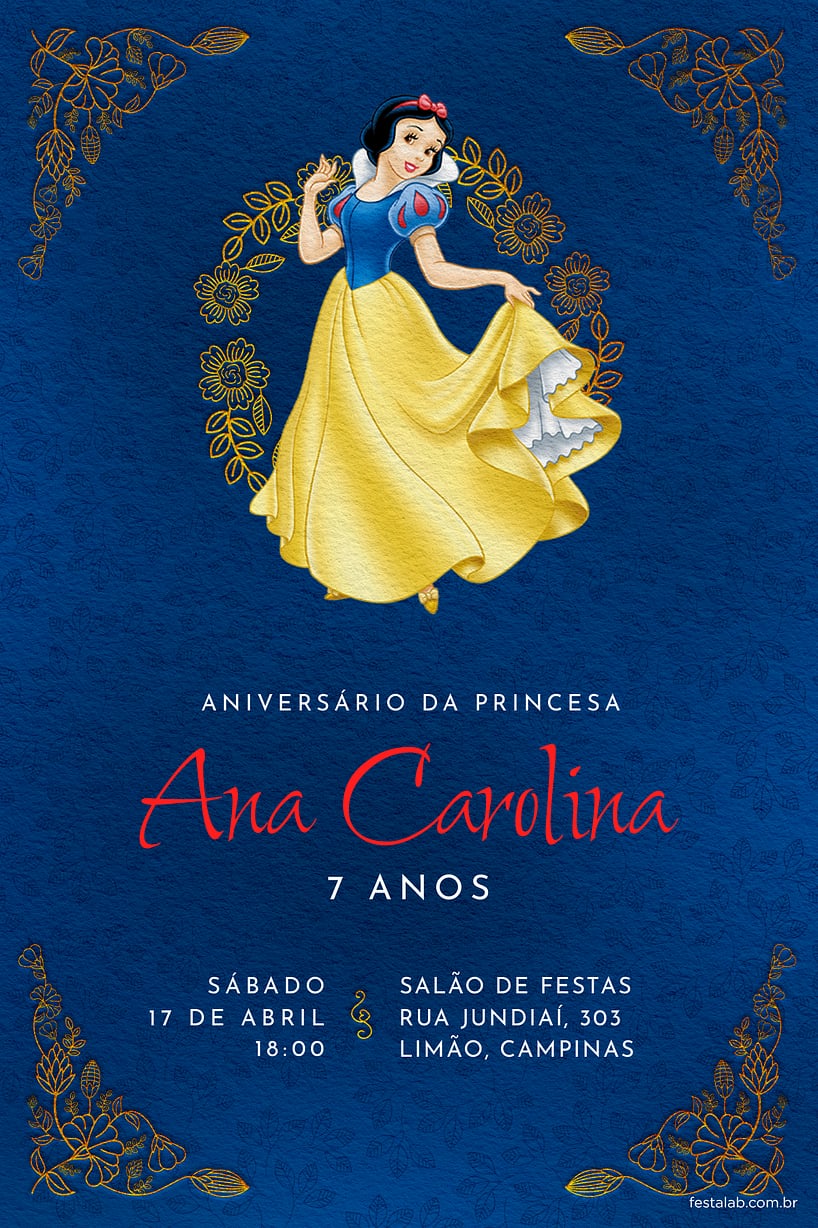 Modelo de Convite de Aniversario - Branca de Neve - Azul Criar convite de aniversário - Branca de Neve - Azul| FestaLab
