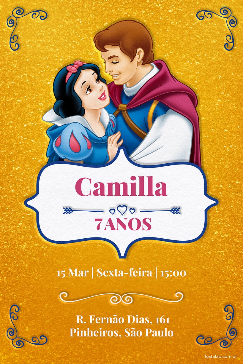 Modelo de Convite de Aniversario - Branca de Neve - Dourado Criar convite de aniversário - Branca de Neve - Dourado| FestaLab