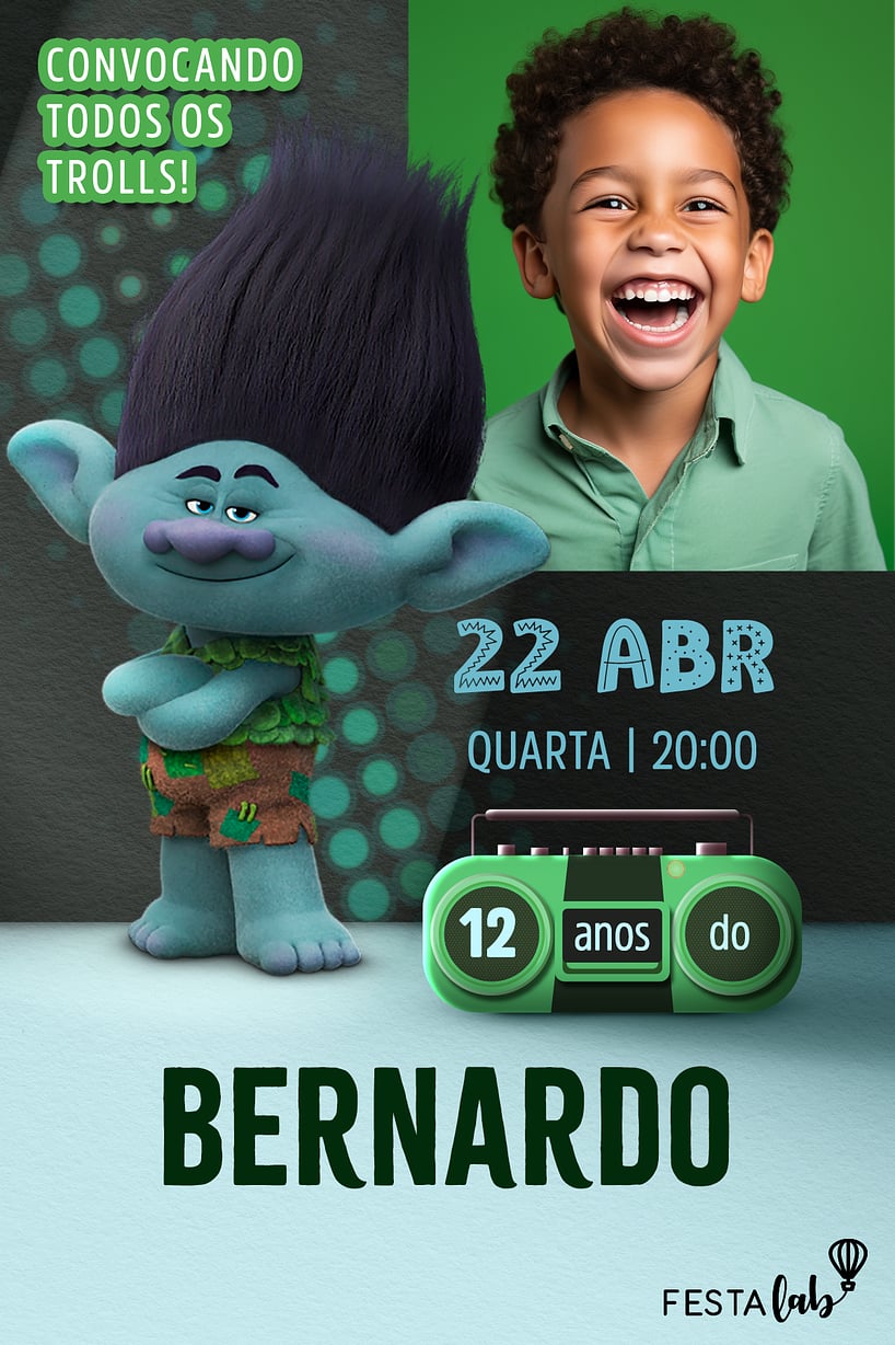 Modelo de Convite de Aniversario - Branch Trolls Criar convite de aniversário - Branch Trolls| FestaLab