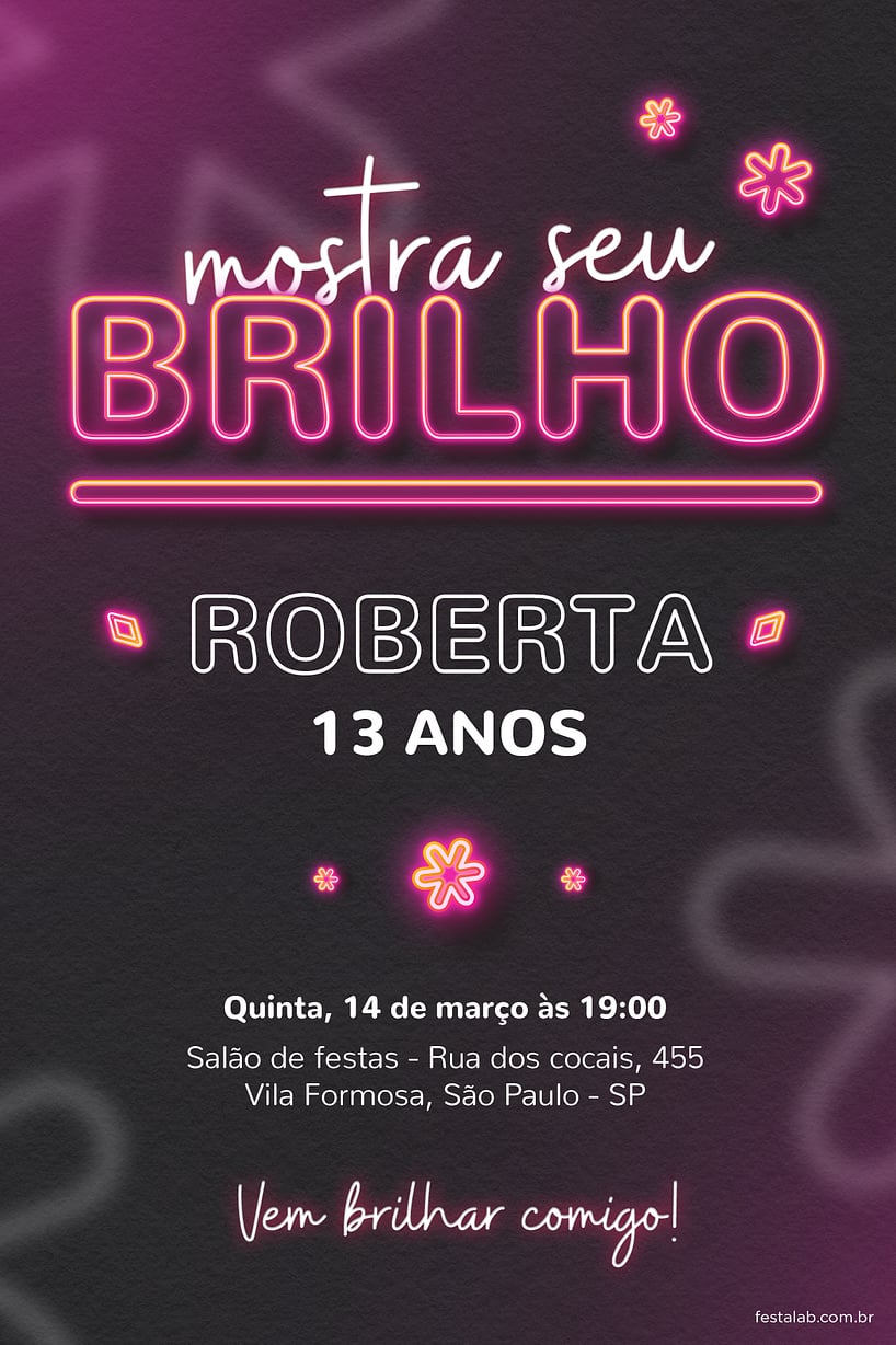 Modelo de Convite de Aniversario - Brilho Rosa Criar convite de aniversário - Brilho Rosa| FestaLab