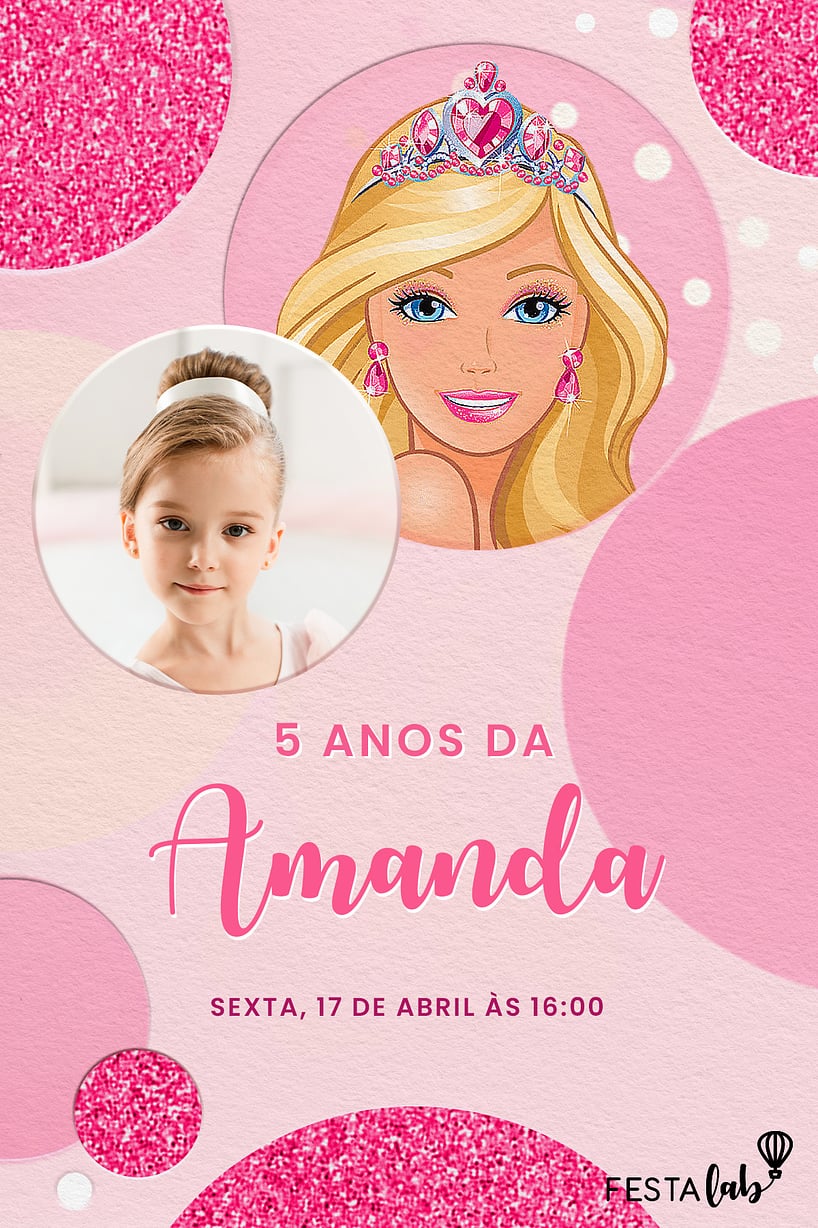 Modelo de Convite de Aniversario - Brilho Rosa da Barbie Criar convite de aniversário - Brilho Rosa da Barbie| FestaLab