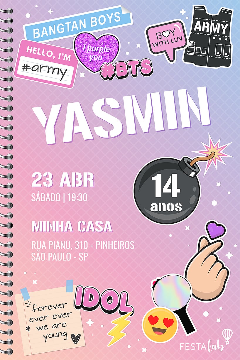 Modelo de Convite de Aniversario - BTS Criar convite de aniversário - BTS| FestaLab