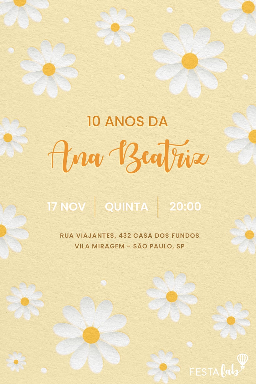 Modelo de Convite de Aniversario - Campo Dourado de Margaridas Criar convite de aniversário - Campo Dourado de Margaridas| FestaLab
