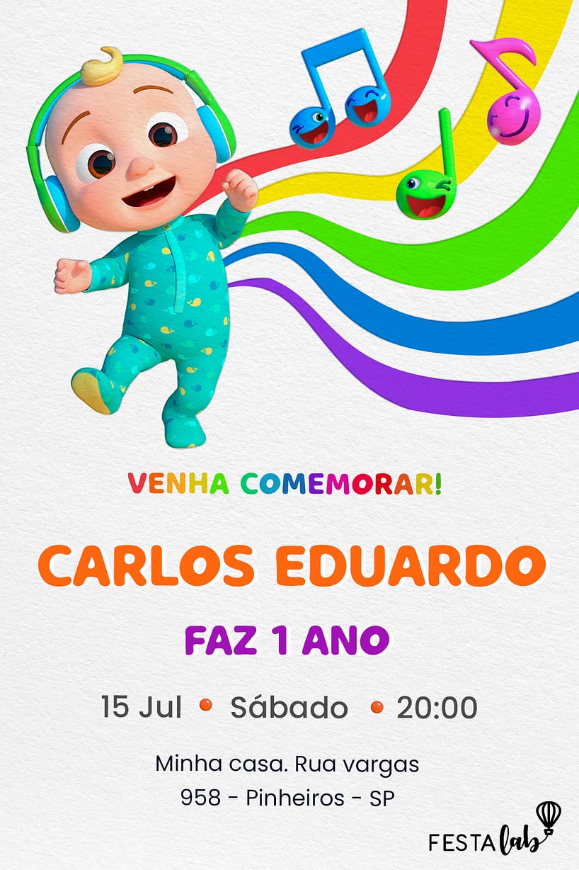 Modelo de Convite de Aniversario - Cancoes de Cocomelon Criar convite de aniversário - Canções de Cocomelon| FestaLab