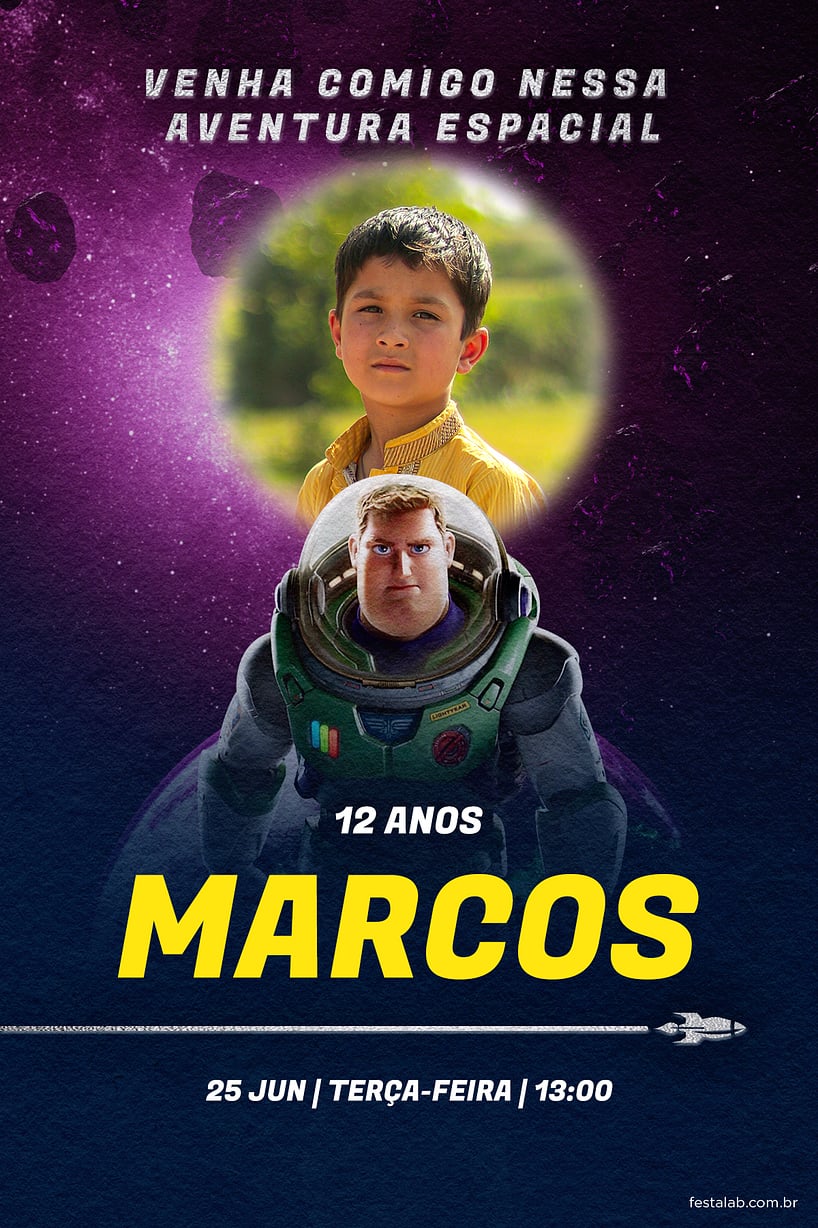Modelo de Convite de Aniversario - Capitao Lightyear Roxo Criar convite de aniversário - Capitão Lightyear Roxo| FestaLab