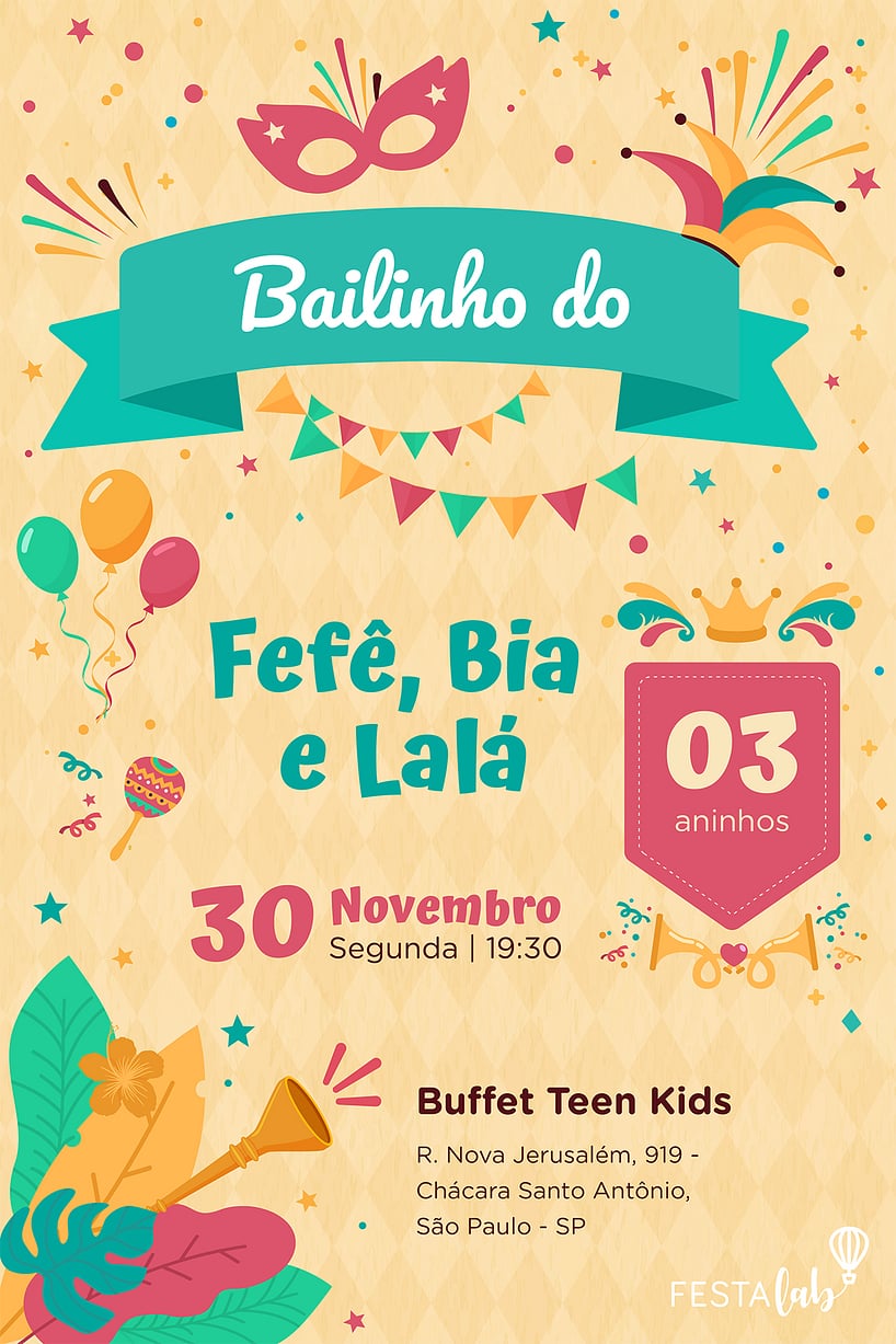 Modelo de Convite de Aniversario - Carnaval Rosinha Criar convite de aniversário - Carnaval Rosinha| FestaLab
