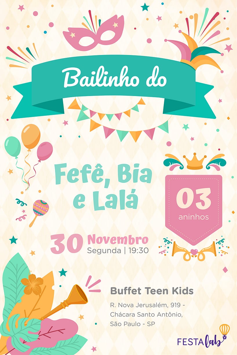 Modelo de Convite de Aniversario - Carnaval rosa Criar convite de aniversário - Carnaval rosa| FestaLab