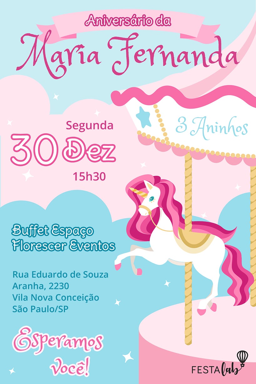 Modelo de Convite de Aniversario - Carrossel Encantado Criar convite de aniversário - Carrossel Encantado| FestaLab