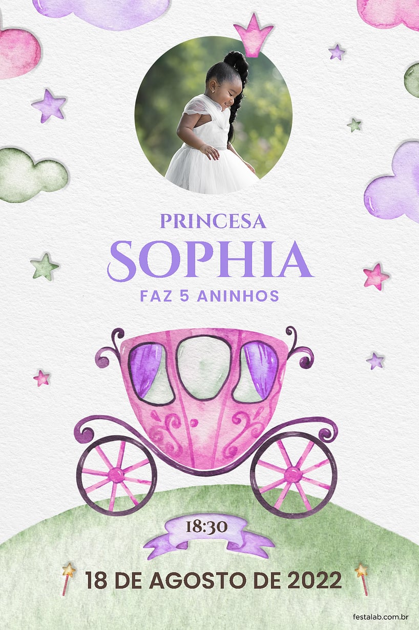 Modelo de Convite de Aniversario - Carruagem Encantada lilas Criar convite de aniversário - Carruagem Encantada lilás| FestaLab