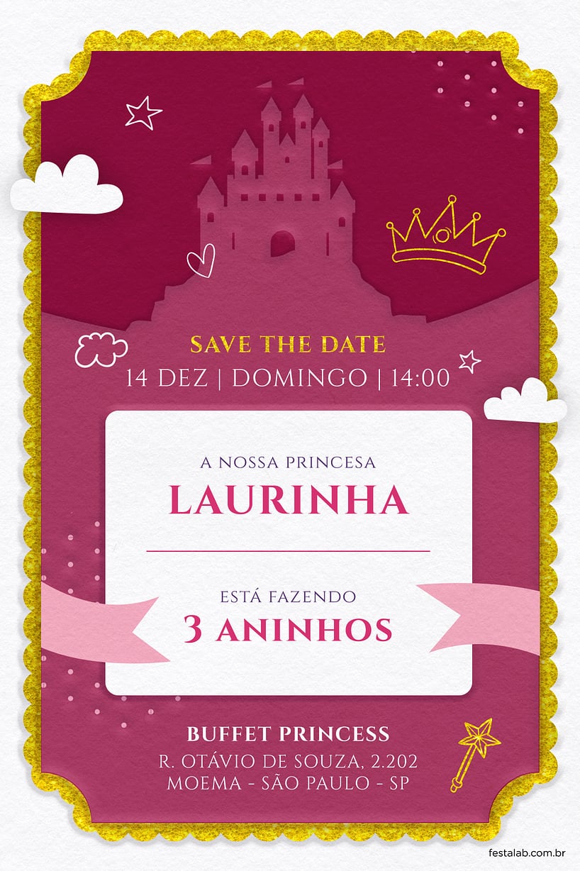 Modelo de Convite de Aniversario - Castelo encantado rosa Criar convite de aniversário - Castelo encantado rosa| FestaLab